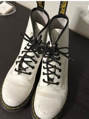 Dr. Martens White Leather Lace-Up Combat Boots with Black Trim